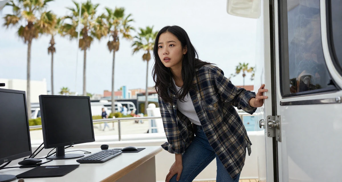 A mysterious Female From South Korea, studied interface design in their 22, exploring early career opportunities, wearing a rugged flannel shirt and denim, pushing a door open in a yacht deck.