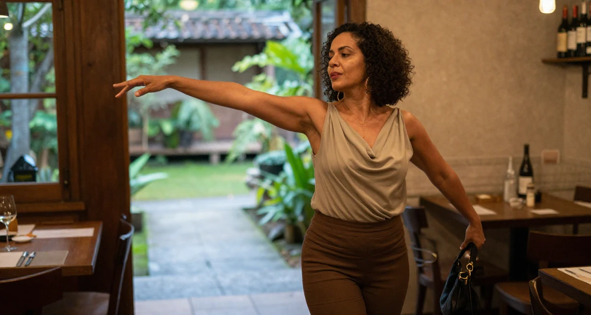 A resilient Female From São Paulo Brazil, practiced samba dance and sensual movement in their 45, expert in vintage wine and culinary arts, wearing a draped neckline top and fitted slacks, holding a purse tightly in a cozy café.