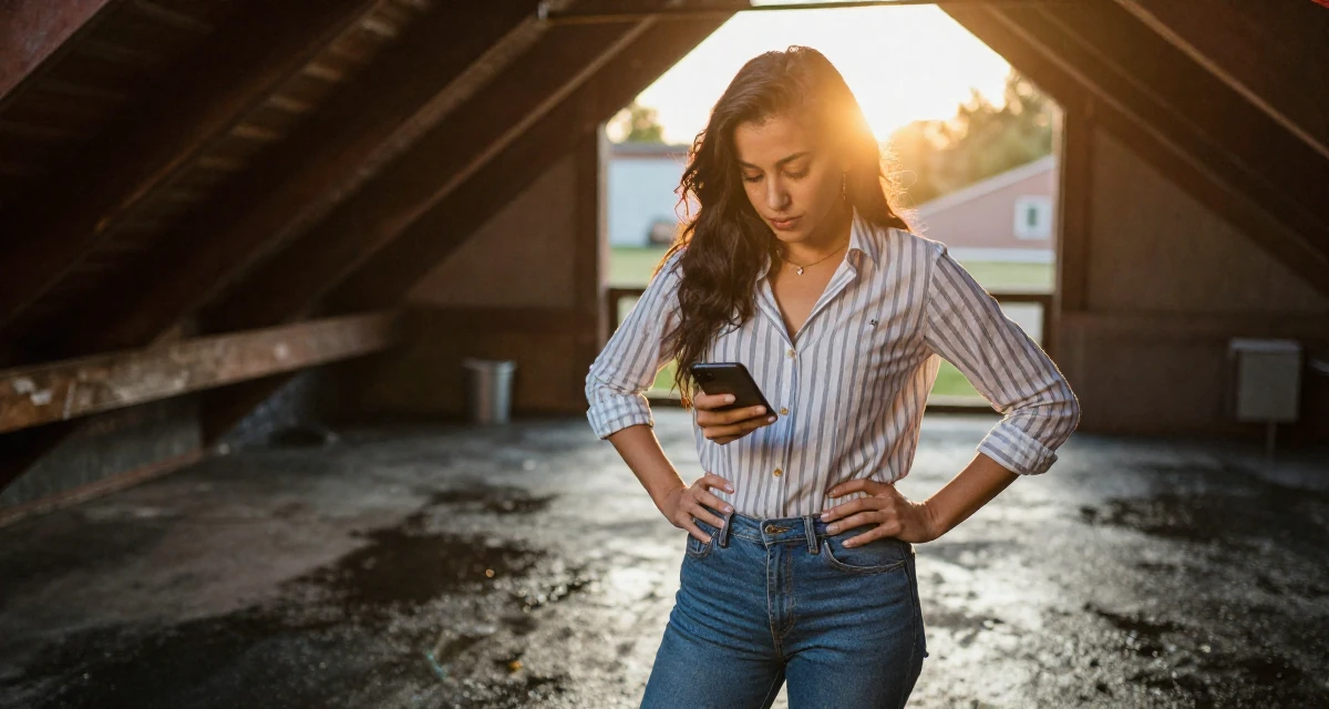 A seductive Female From Chicago USA, practiced nightlife photography storytelling in their 25, realizing no one teaches emotional labor in creator work, wearing a classic striped shirt and jeans, unlocking a phone screen in a attic room.