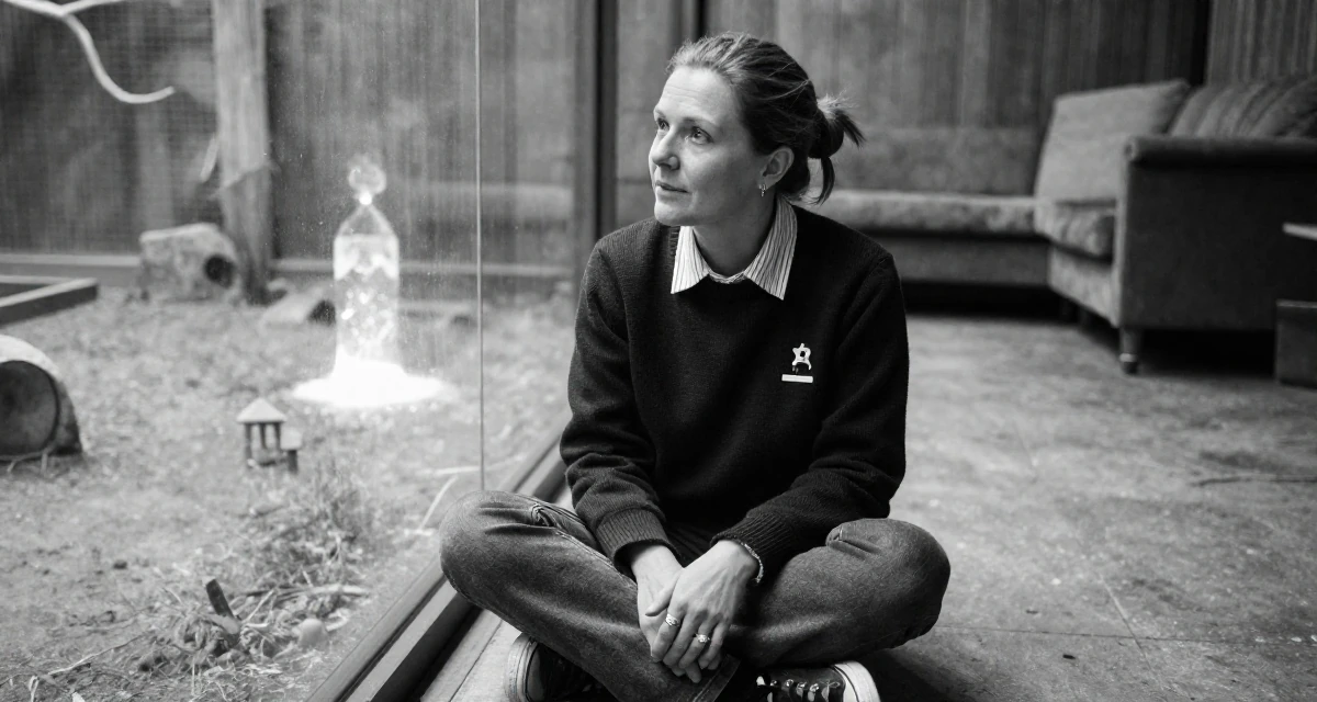 A inspired Female From Bergen Norway, studied business economics in their 46, creating a sanctuary at home for relaxation, wearing a classic collegiate style, playing with a ring on a finger in a zoo enclosure path.