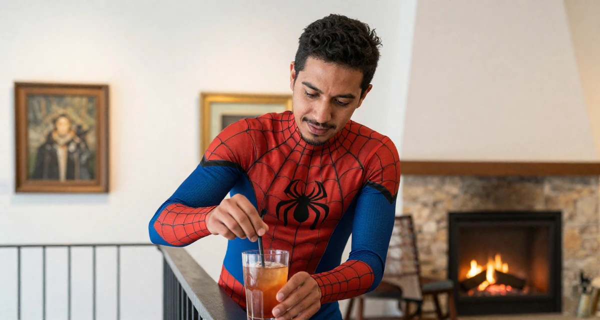 A contented male From El Salvador, studied social communication in their 22, learning how to communicate professionally, wearing a spider-themed villainess suit, stirring a drink in a art gallery.