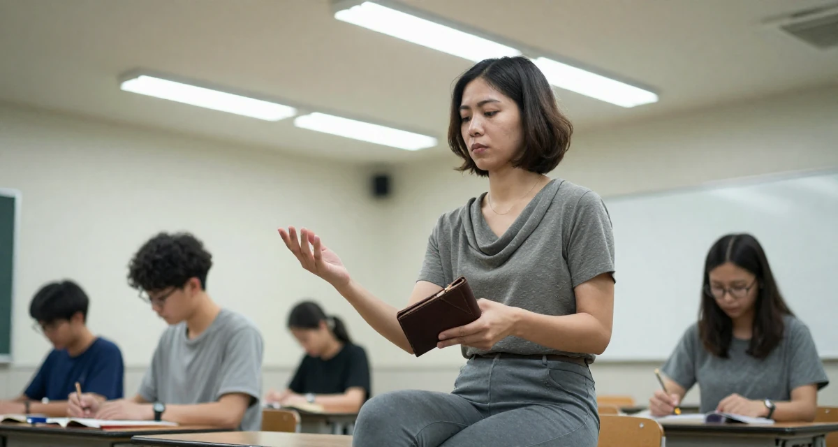 A serious Female From Taiwan, based in Kaohsiung, graduated from an arts program majoring in intimate scene design in their 43, juggling two jobs, wearing a draped neckline top and fitted slacks, checking a wallet in a classroom setting.