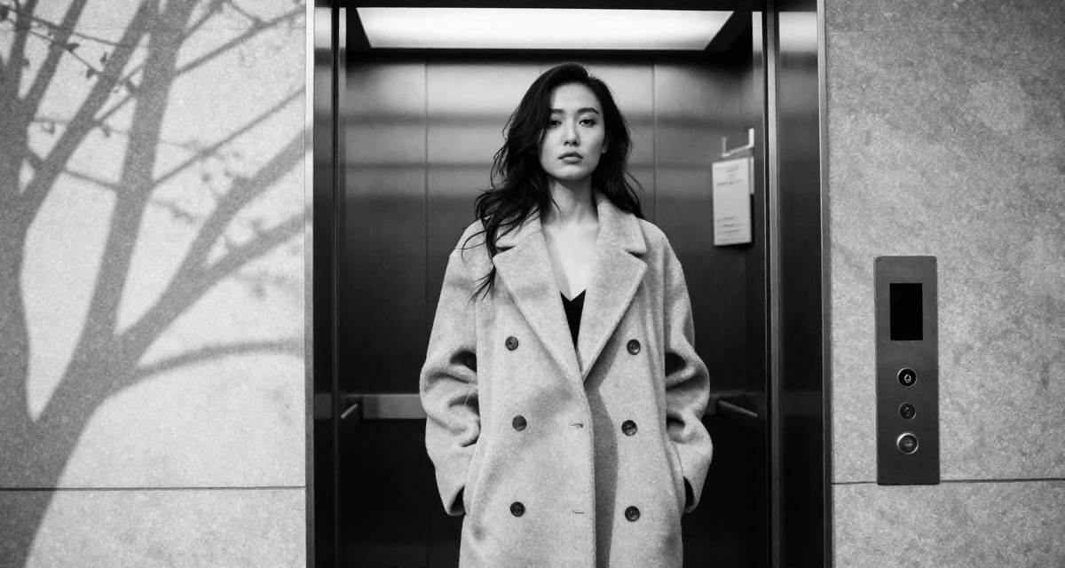 A bored Female From Taiwan, studied visual communication design in their 23, embracing sultry glam aesthetics as signature style, wearing a elegant woolen coat styling, waiting for a light to change in a corporate elevator.