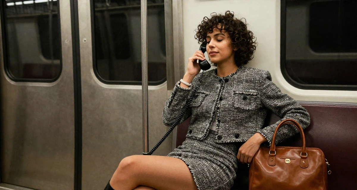 A peaceful male Raised in Peru, studied advertising management in their 41, focusing on financial independence and investing, wearing a cropped tweed jacket and a high-waisted mini skirt, carrying a leather handbag in a subway platform.