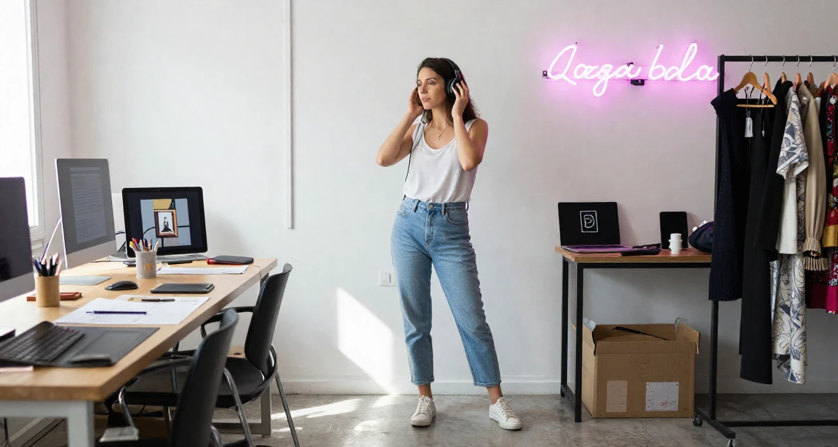 A ambitious Female From Córdoba Argentina, studied emotional storytelling in photography in their 22, dealing with loneliness because creator life is misunderstood, wearing a casual weekend brunch outfit, listening to music with headphones in a fashion design studio.