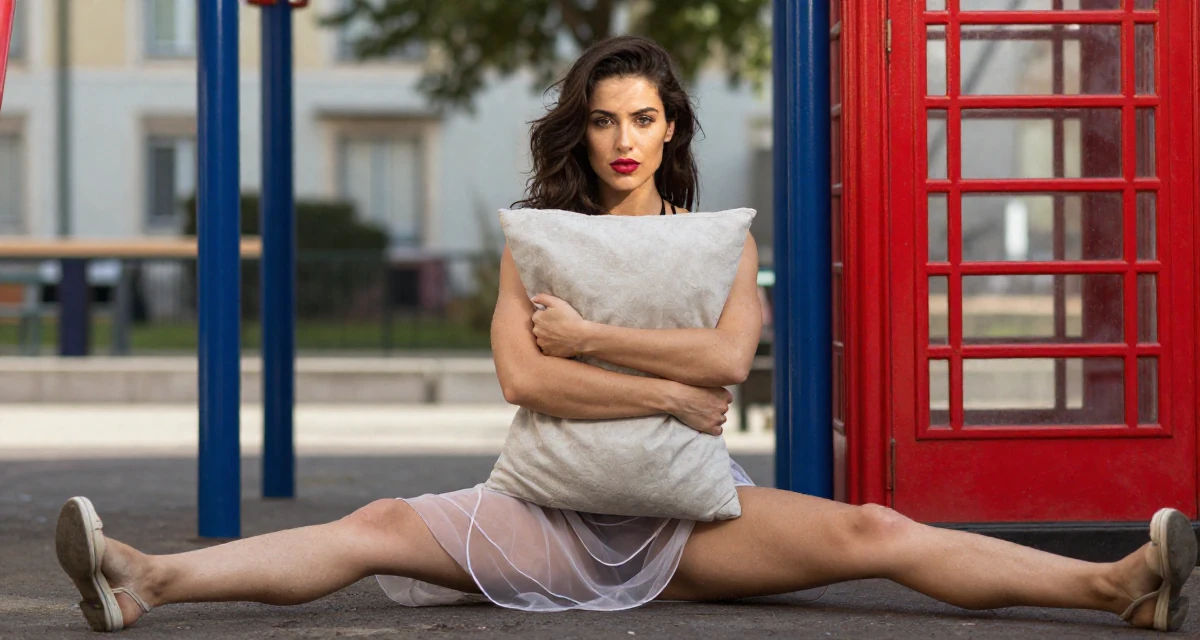 A confident Female From Lisbon Portugal, learned storytelling through movement in their 24, navigating office politics for the first time, wearing a sheer sarong skirt over a swimsuit, hugging a pillow or cushion in a school playground.