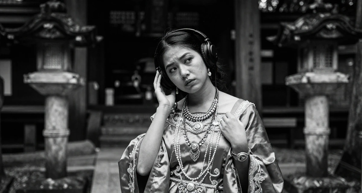 A bored Female From Kuala Lumpur Malaysia, majored in accounting in their 23, learning how to say “no” to requests outside comfort, wearing a regal empress gown with heavy silk and jewelry, adjusting headphones in a Japanese Shinto shrine.