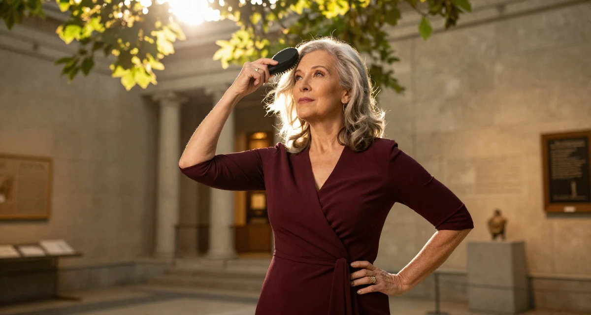 A expectant Female From USA, studied political science in DC in their 34, focusing on skincare and graceful aging, wearing a elegant wrap dress in deep burgundy, brushing hair away from the face in a museum exhibit.