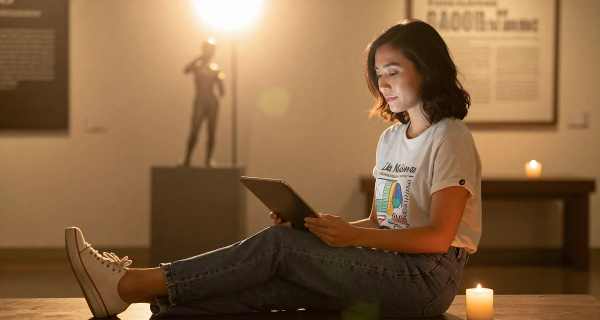 A serene Female From Vietnam, based in Da Nang, graduated from a local university majoring in e-commerce in their 41, focusing on financial independence and investing, wearing a laid-back graphic tee and jeans, holding a tablet device in a museum exhibit.