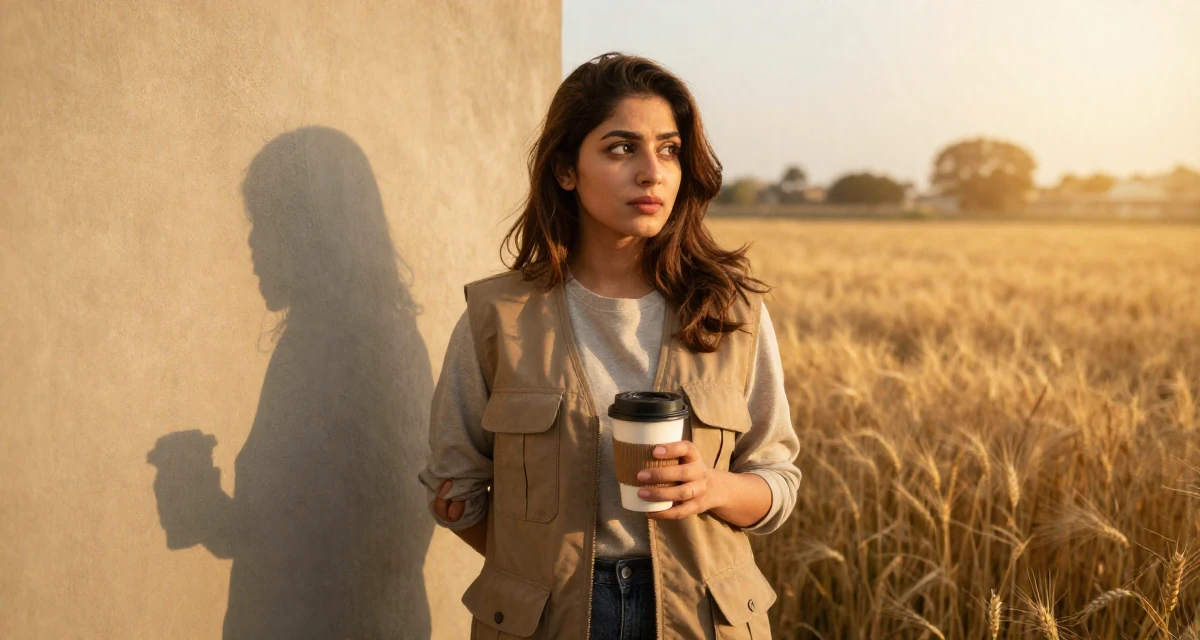 A curious Female From Pakistan, majored in mass communication in their 25, feeling empowered posting subtly provocative looks, wearing a urban explorer utility vest look, holding a cup of coffee in a golden wheat field.
