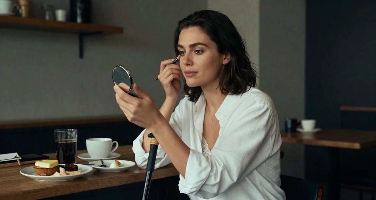 A gentle Female From Belgium, based in Ghent, graduated from a business school majoring in international marketing in their 23, making decisions that will shape future lifestyle, wearing a white button-down shirt worn open over a lace bra, checking makeup in a compact mirror in a breakfast nook.