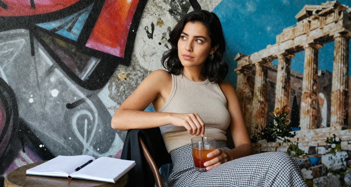 A relaxed and observant Female Once a med-school dropout, now exploring emotional vulnerability through art in their 27, dealing with the emotional cost of visibility, wearing a fitted ribbed top and a check pattern skirt, stirring a drink in a graffiti art wall.