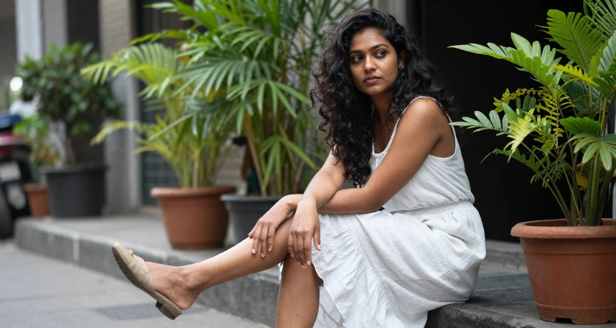 A observant Female From Sri Lanka, studied digital commerce in their 23, learning to express sensuality without crossing personal limits, wearing a airy cotton dress for summer, pausing mid-step in a urban street.