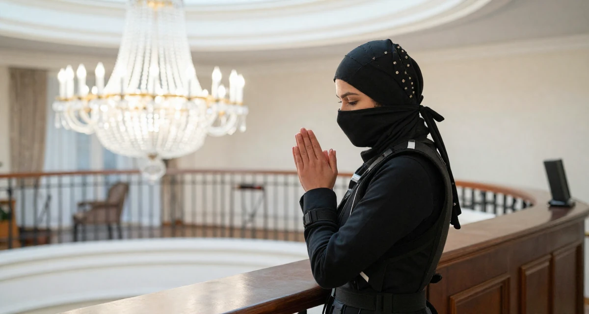 A deeply absorbed Female Previously a hotel receptionist, now a travel-inspired content creator in their 39, creating a cozy and safe sanctuary at home, wearing a tech-wear ninja outfit with a face mask, rubbing hands together for warmth in a opera house balcony.