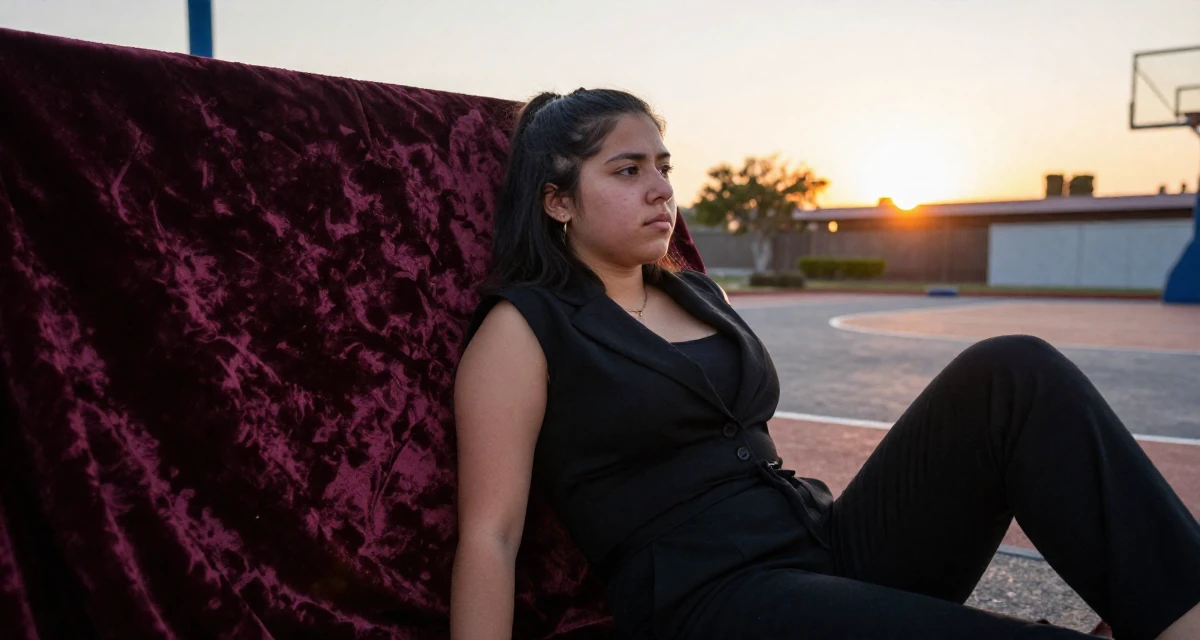 A innocent Female From Guadalajara Mexico, majored in business analytics in their 24, observing peers’ progress and feeling comparison pressure, wearing a black jumpsuit with a blazer style top, glancing sideways in a basketball court.