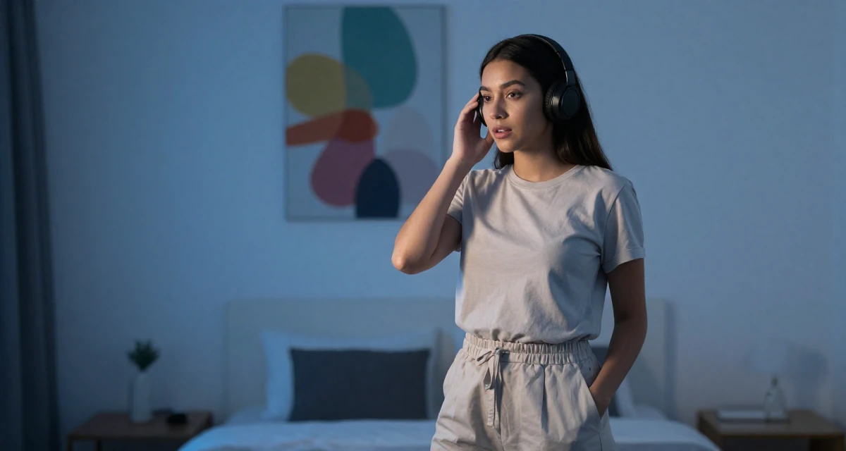 A curious and focused Female From Manila Philippines, studied mass communication in their 25, over the drama of early 20s nightlife, wearing a clean, neutral-toned casual outfit, adjusting headphones in a minimalist bedroom.