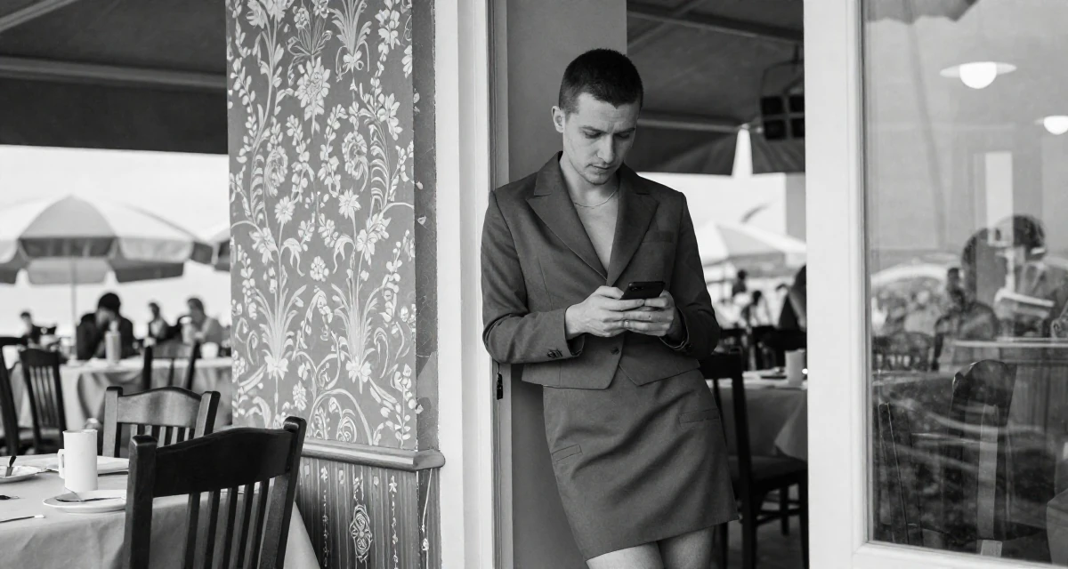 A deeply thinking male From Ukraine, studied software engineering in their 22, trying to look more professional than they feel, wearing a cropped tailored jacket and matching mini skirt, unlocking a phone screen in a dining room.