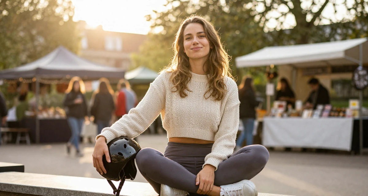 A playful Female From Belgium, based in Ghent, graduated from a business school majoring in international marketing in their 20, radiating fresh-faced youthful energy, wearing a cropped knitted sweater and form-fitting yoga pants, holding a helmet in a quiet park.