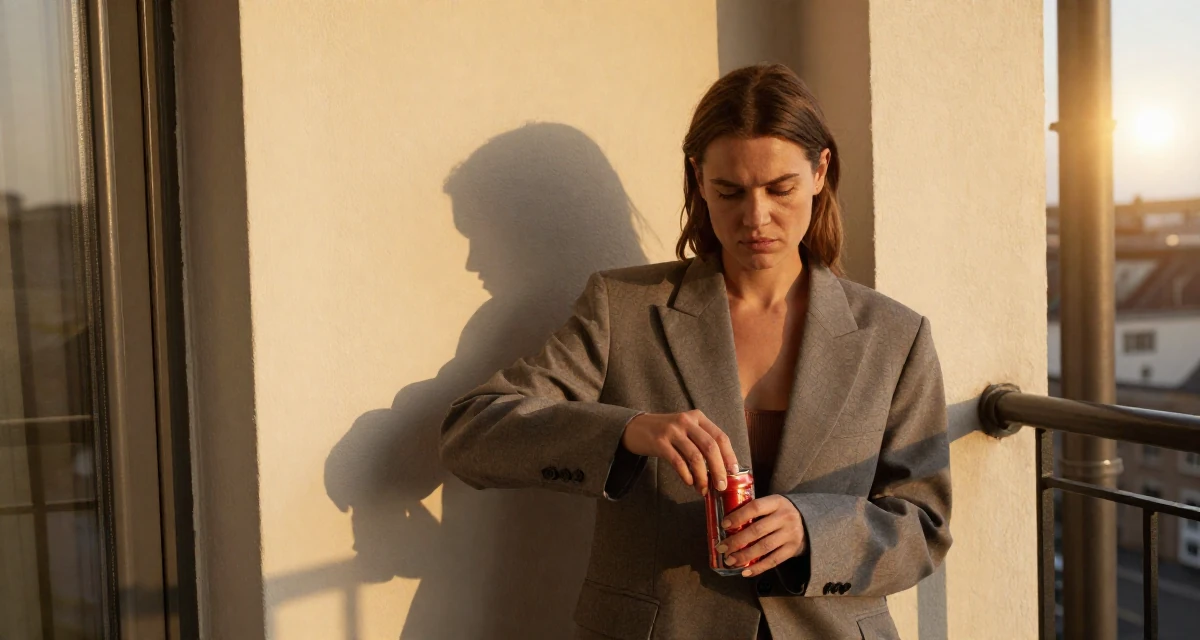 A stoic and strong Female From Copenhagen Denmark, majored in architecture in their 25, entering first serious friendships and relationships, wearing a relaxed fit suit separate, opening a soda can in a luxury penthouse balcony.