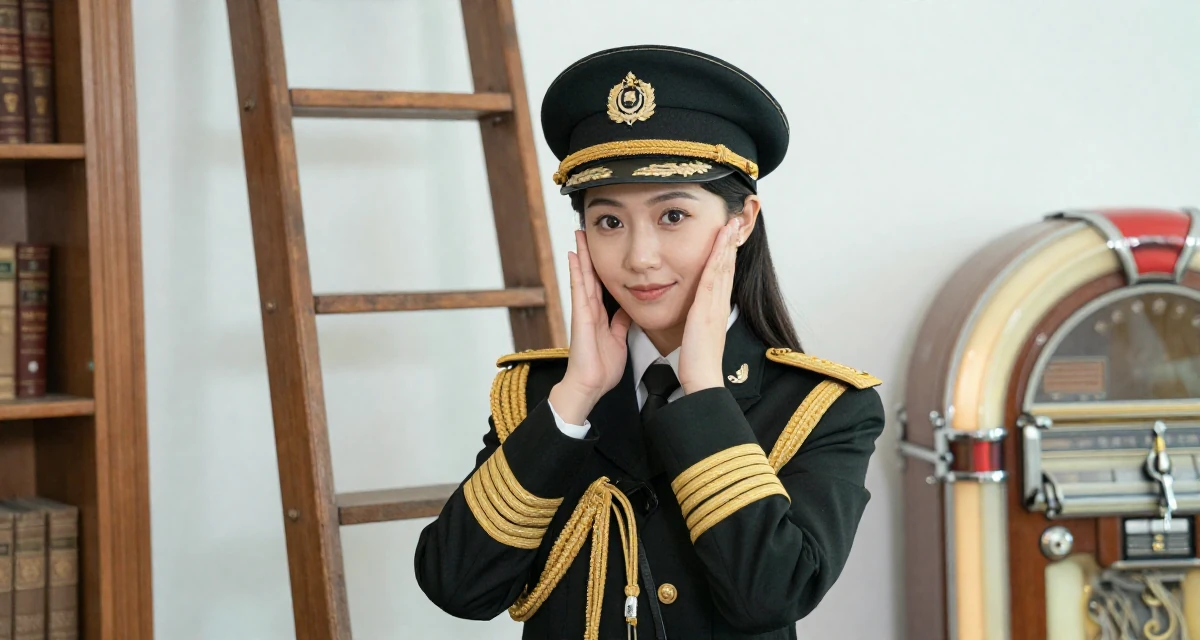 A charming Female Once a history major, now creating vintage-inspired storytelling in their 23, decoding the unwritten rules of corporate life, wearing a military general uniform with gold braiding and a hat, playing with a tie in a old library with wooden ladders.