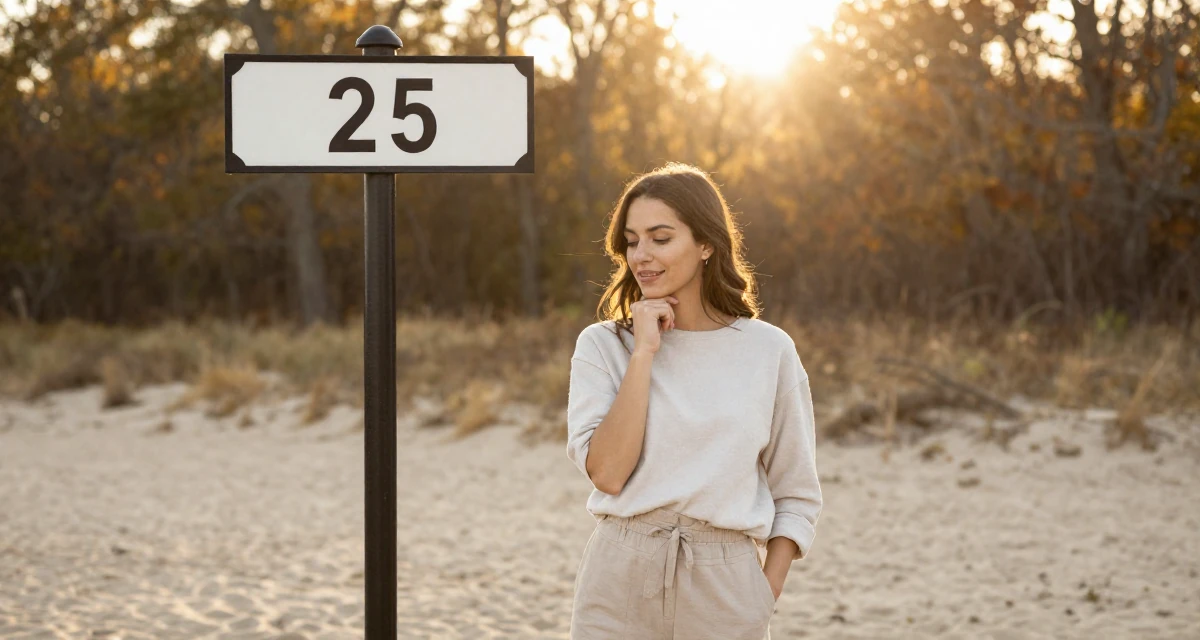 A cheerful Female Once a pastry chef, now blending cooking with playful creator energy in their 25, balancing social life with evolving ambitions, wearing a clean, neutral-toned casual outfit, looking at a street sign in a autumn forest.