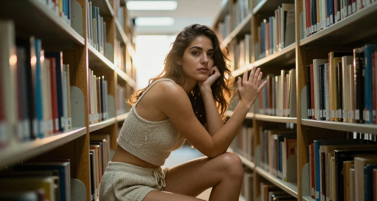 A aloof Female From Canada, studied hospitality management in their 23, creating photo sets that feel intimate but not explicit, wearing a knitted loungewear shorts and a matching tiny top, waving to someone in a library aisle.