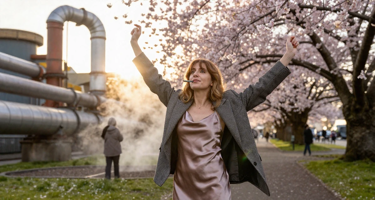 A gentle Female Born in New Zealand, studied creative media production in their 22, seeking mentorship from older colleagues, wearing a satin slip skirt paired with a structured blazer, chewing on a pen thoughtlessly in a cherry blossom park.