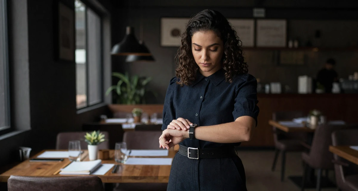 A sensual Female From Brazil, majored in communication in their 25, struggling to maintain motivation in early studies, wearing a dark academia inspired outfit, glancing at a wristwatch in a high-end restaurant.