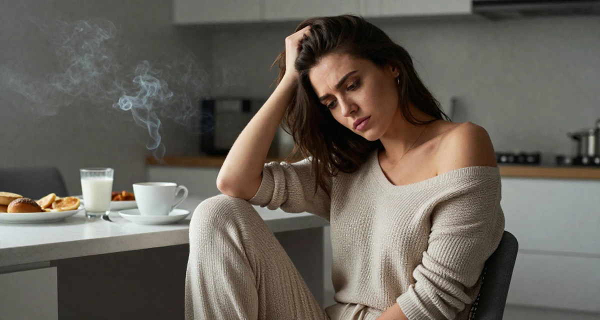 A deeply thinking Female From Croatia, based in Rijeka, graduated from a communication institute majoring in sensual scene composition in their 25, learning lighting tricks that highlight sensual curves safely, wearing a off-the-shoulder knit top and dress pants, scratching the head in confusion in a breakfast nook.