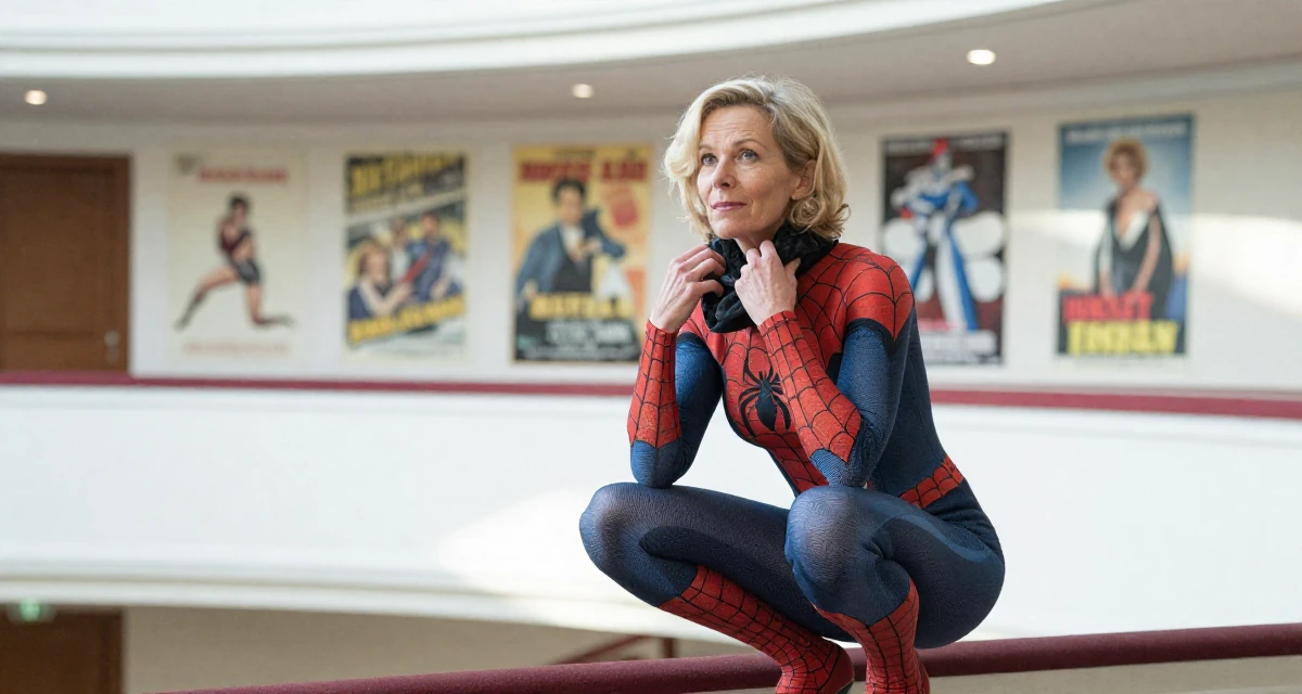 A reassured Female From Netherlands, studied digital media and interaction design in their 40, defying stereotypes of aging women, wearing a spider-themed villainess suit, adjusting a scarf in a opera house balcony.