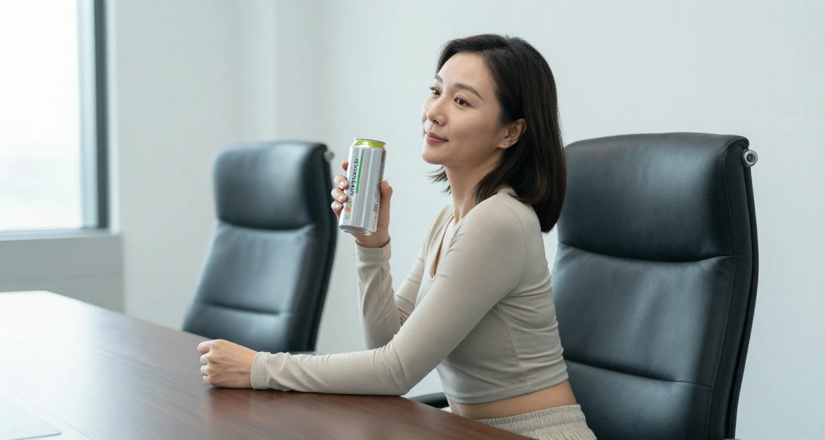 A zoned out Female From China, holds a degree in human resource management in their 34, focusing on skincare and graceful aging, wearing a tight long-sleeve crop top and jogger pants, holding a beverage can in a conference room.