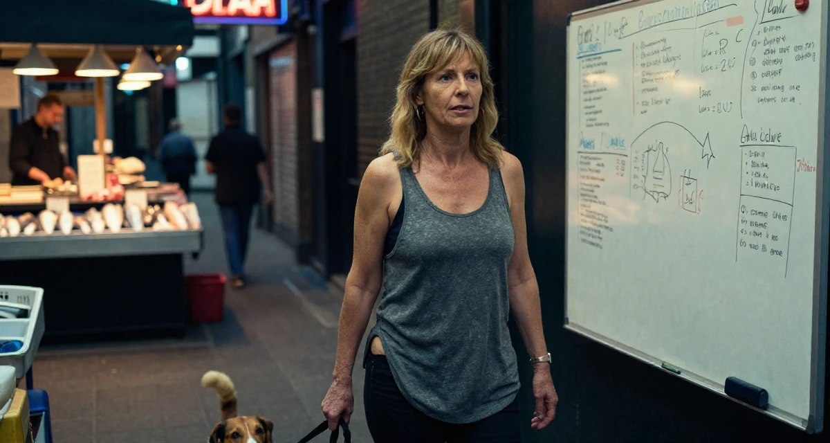 A composed Female From London United Kingdom, majored in media studies in their 50, inspiring others to start over at any age, wearing a loose tank top with deep side cuts, walking a dog (leash visible) in a neon-lit alleyway.