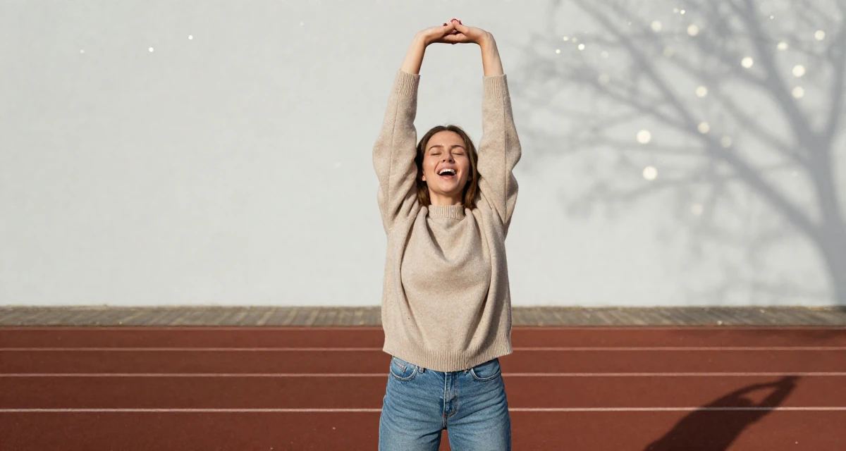 A ecstatic Female From Rotterdam Netherlands, practiced lifestyle videography and editing in their 22, embracing bold concepts while respecting boundaries, wearing a oversized beige sweater and jeans, adjusting a collar in a running track.