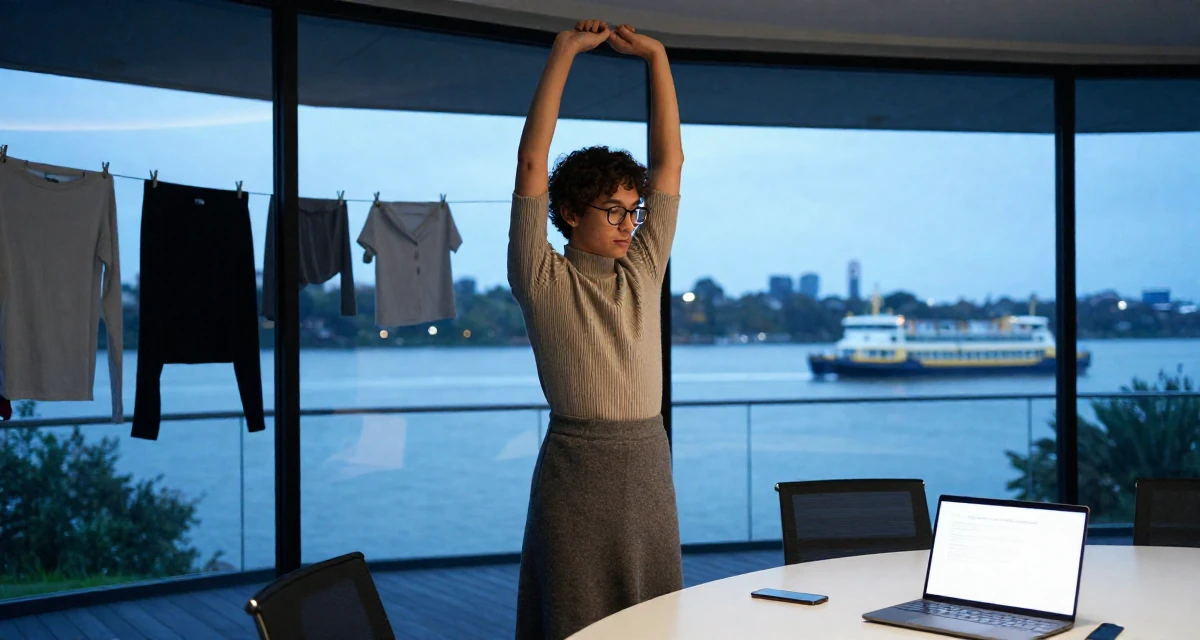 A shy male From Australia, trained in photography and visual arts in their 24, taking care of their physical health consistently, wearing a ribbed mock neck top and a long wool skirt, adjusting glasses in a glass-walled conference room.