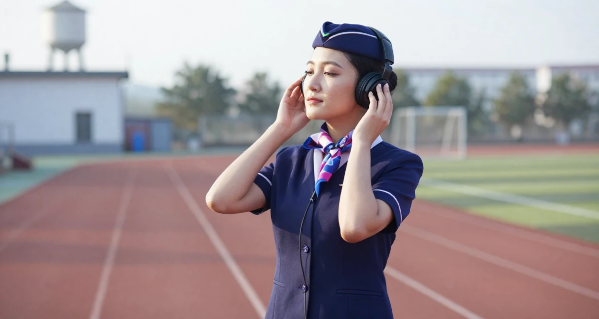 A sophisticated Female Once a real-estate assistant, now a full-time self-portrait artist in their 25, exploring personal identity for the first time, wearing a flight attendant uniform with a silk scarf, listening to music with headphones in a running track.