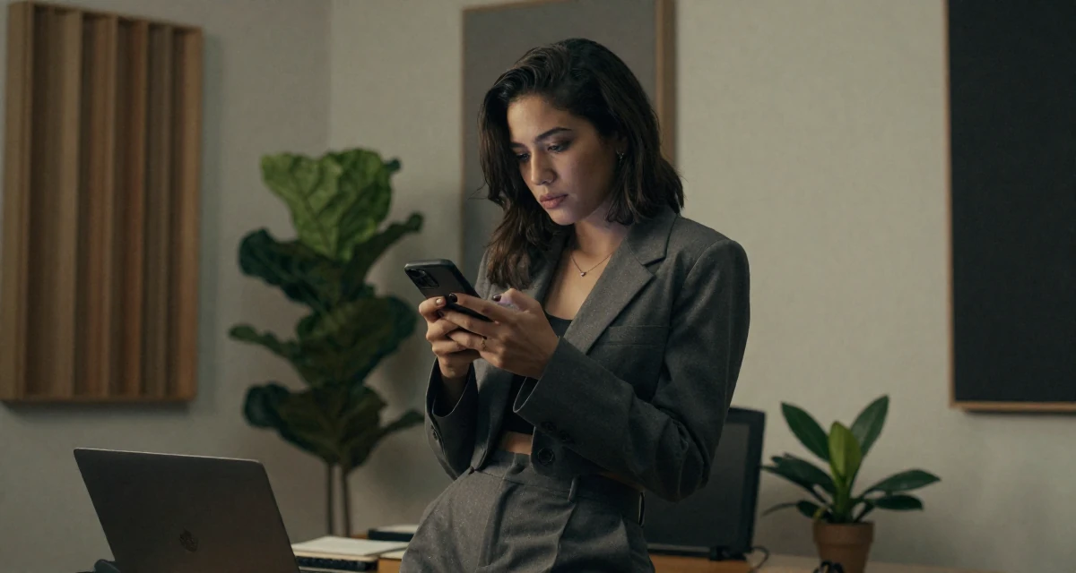 A vulnerable Female From the Philippines, based in Cebu City, graduated from a local college majoring in public relations in their 24, cutting off toxic relationships without guilt, wearing a cropped business jacket and high-waisted pants, checking a phone in a music studio.