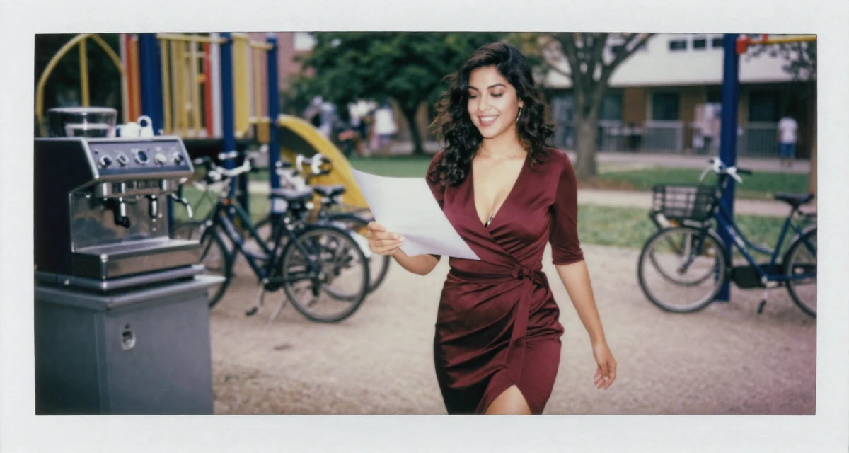 A joyful Female From Argentina, studied digital illustration at a local art institute in their 24, experimenting with sultry characters and light roleplay vibes, wearing a elegant wrap dress in deep burgundy, holding a piece of paper in a school playground.