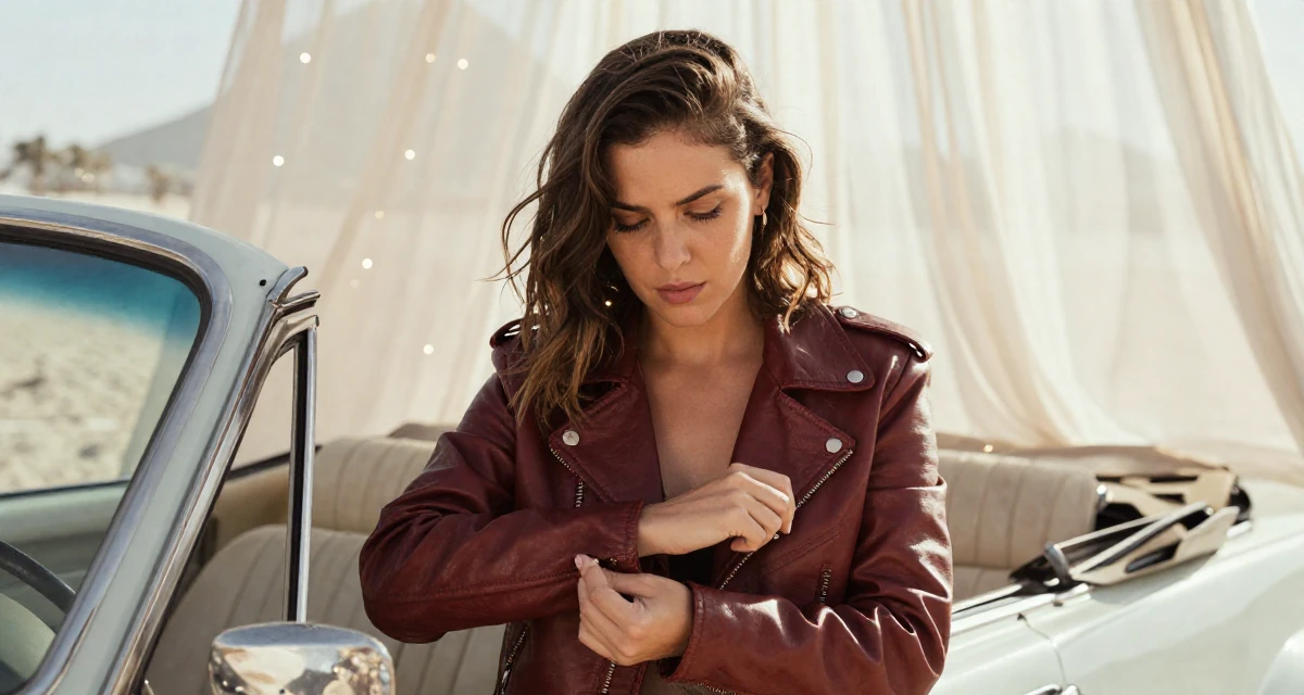 A vulnerable Female From Rio de Janeiro Brazil, majored in public relations in their 22, maintaining emotional distance while delivering flirty energy, wearing a vintage-inspired leather jacket look, fixing a cufflink in a vintage convertible car.