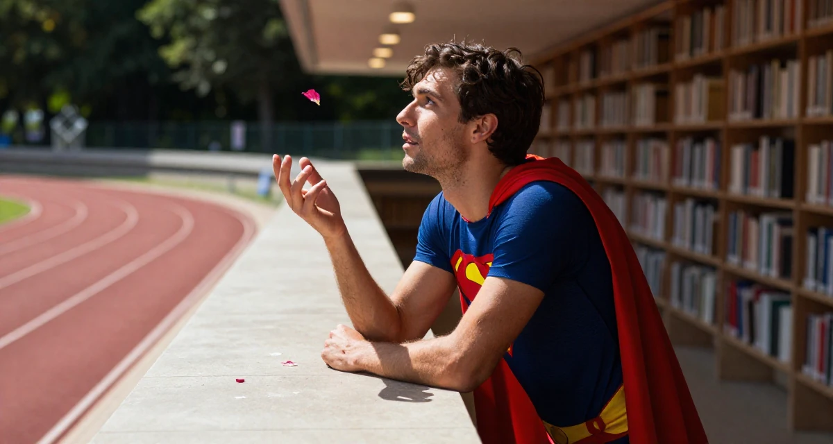 A hypnotic male From France, studied viticulture and oenology in their 31, starting fitness journey, wearing a superheroine spandex suit with a cape, catching a falling flower petal in a running track.