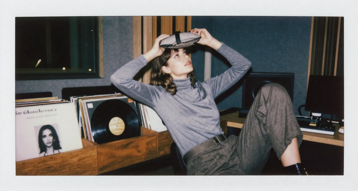 A magnetic Female From the Netherlands, based in Rotterdam, graduated from a media academy majoring in contemporary sensual design in their 23, realizing early burnout is real but pushing anyway, wearing a sophisticated turtleneck and trousers, looking through a bag in a recording booth.