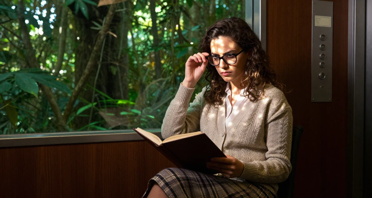 A defiant Female From Ankara Türkiye, holds a degree in international trade in their 22, forming connections with potential collaborators, wearing a classic librarian style cardigan and a plaid skirt, adjusting glasses in a waiting room.