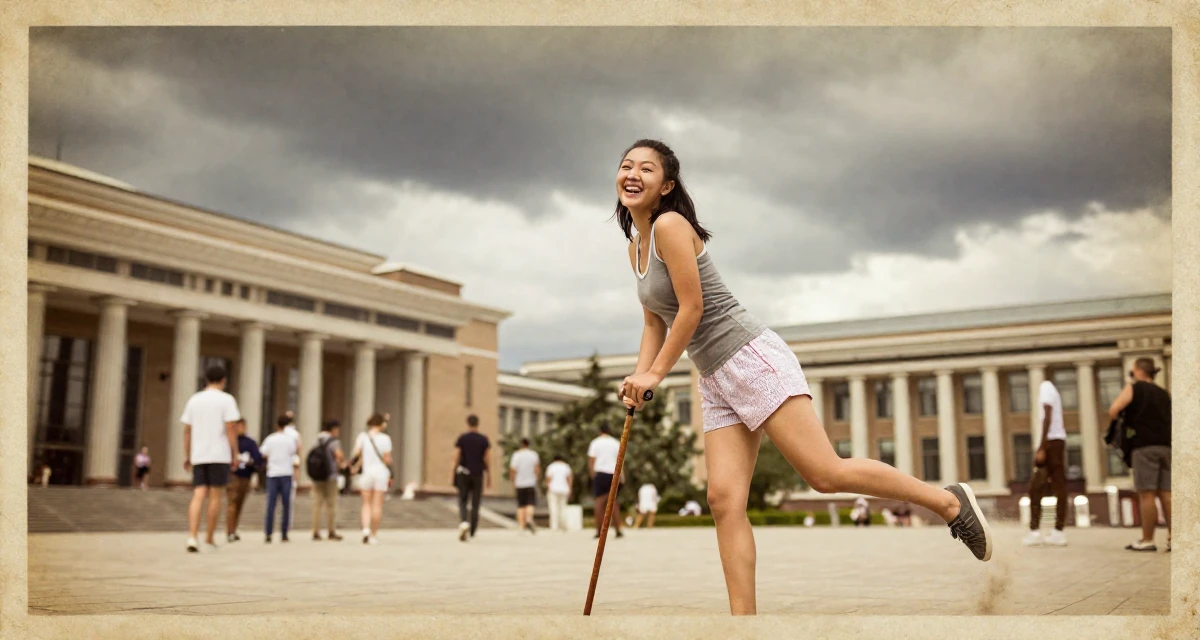 A joyful Female From Mongolia, based in Ulaanbaatar, graduated from a national university majoring in media studies in their 20, navigating the chaos of freshman year university life, wearing a fitted racerback tank and pajama shorts, kicking up dust playfully in a museum exhibit.