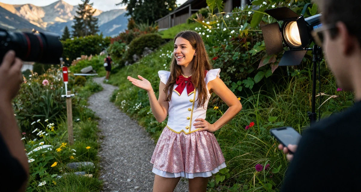 A happy Female From Zurich Switzerland, holds a degree in accounting and finance in their 22, navigating competitive academic environments, wearing a magical girl anime costume with a sparkly short skirt, gesturing while talking in a mountain trail.