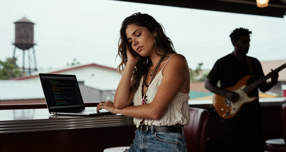 A tired Female From Manila Philippines, learned stage presence from bar performance work in their 21, embracing a carefree bohemian lifestyle, wearing a breezy summer vacation outfit, shivering slightly in a retro 50s diner.