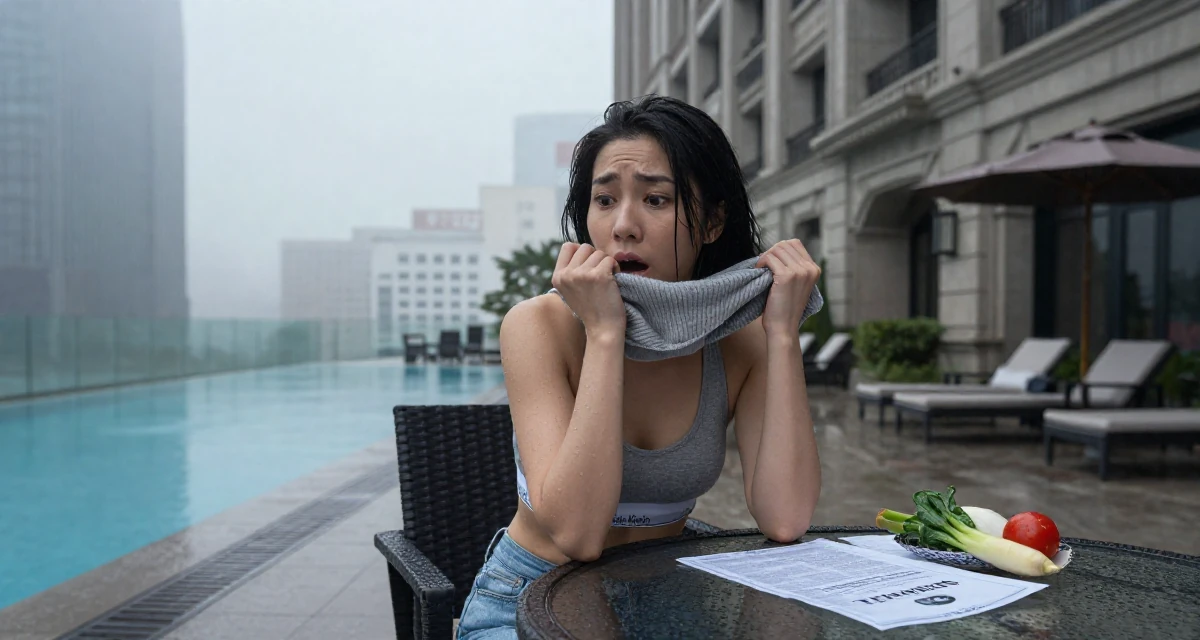 A dazed Female From Taiwan, studied visual communication design in their 22, shocked by the cost of rent and groceries, wearing a classic calvin klein style sports bra and jeans, pulling a sweater sleeves over hands in a historic downtown.