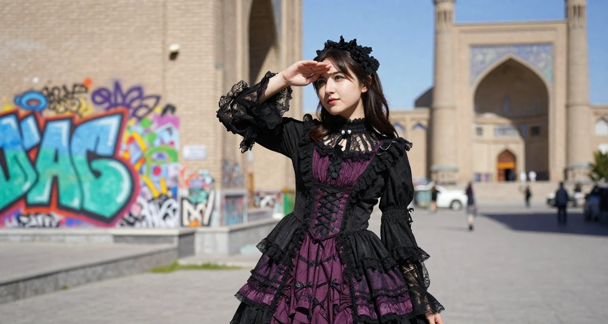 A sincere Female From Tajikistan, studied civil engineering in their 25, stabilizing monthly income and planning long-term strategy, wearing a elaborate gothic lolita dress with frills and lace, shading eyes with a hand in a urban street.