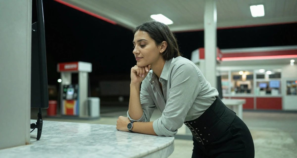 A peaceful Female Former swim instructor, now producing sun-soaked lifestyle content in their 25, struggling to maintain motivation in early studies, wearing a button-up shirt with a corset belt and black pants, touching the chin thoughtfully in a gas station at night.