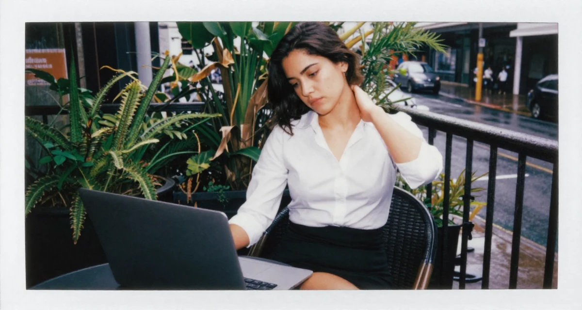 A timid Female From Australia, studied sports science and nutrition in their 22, experimenting with online creative platforms, wearing a fitted white button-down shirt and a black pencil skirt, massaging the neck in a rainy street corner.