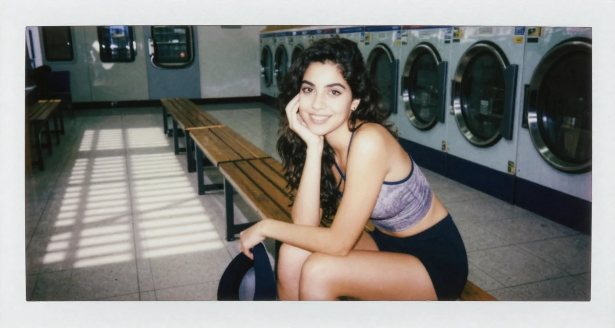 A upbeat Female From Syria, studied business IT in their 21, enjoying the peak of carefree student life, wearing a strappy gym top and compression shorts, holding a hat in a laundromat.