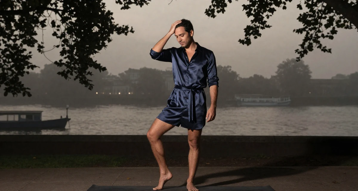 A romantic male From Ecuador, based in Guayaquil, graduated from a private institute majoring in consumer psychology in their 25, standing tall with newfound self-assurance, wearing a silk shirt dress with a tie waist, scratching the head in confusion in a yoga studio.